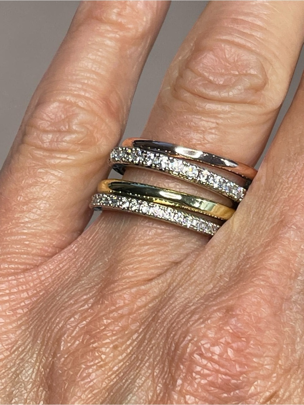 Mixed Metal Interlocking Multi Band Ring Pave Crystal Statement Ring Size 6.5